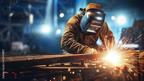 Fotografiet welder is welding metal , industry them bokeh and sparkle background