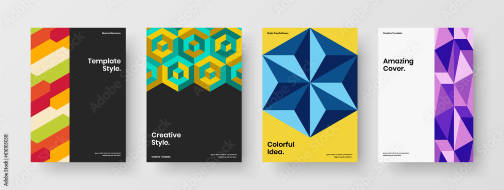 Colorful geometric hexagons corporate brochure layout collection. Modern placard A4 design vector concept bundle.