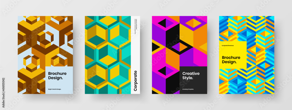 Modern corporate brochure design vector layout set. Colorful mosaic tiles cover illustration collection.