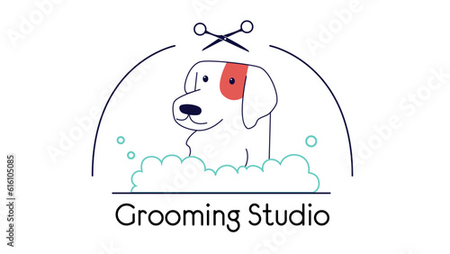 Vector logo with a cute dog in a bubble bath. Pet logo for grooming studio with scissors. Ways to care for dogs. An illustration of hygienic care for pets. Washing and caring for pets.