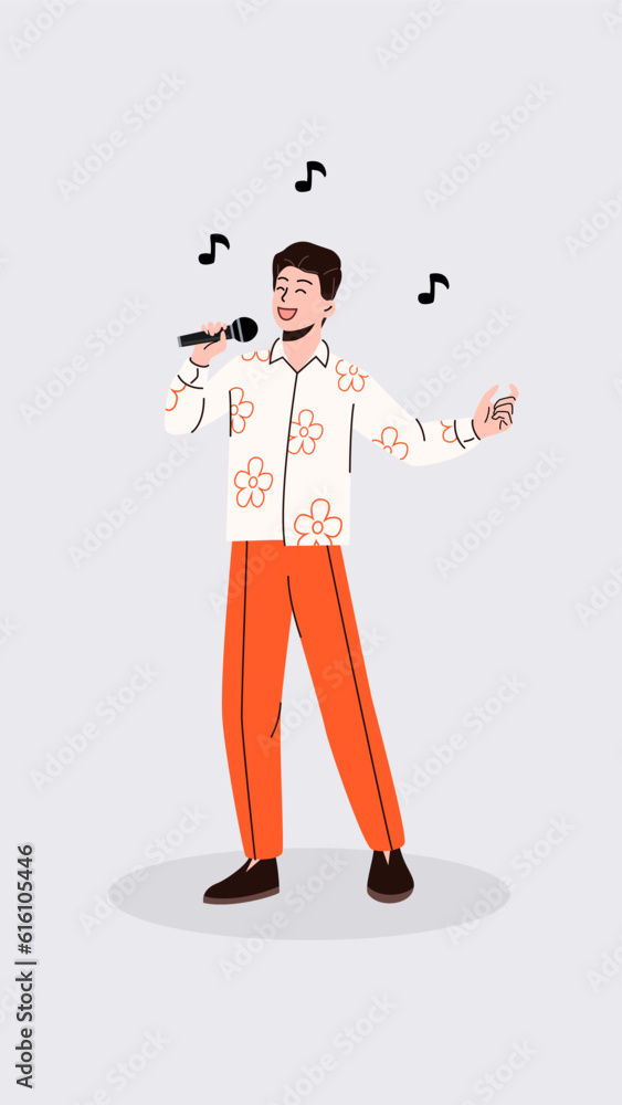 Vector illustration of a smiling boy who sings. A man in stylish clothes speaks to the public. A character with a microphone in his hand performs a song. Eurovision concept, music competitions. Vector illustration of a smiling boy who sings. A man in stylish clothes speaks to the public. A character with a microphone in his hand performs a song. Eurovision concept, music competitions.