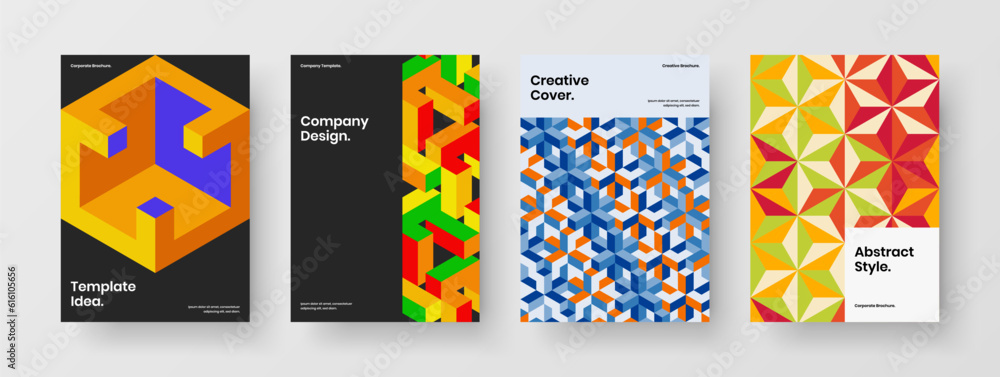 Bright geometric shapes booklet illustration set. Multicolored corporate identity design vector layout collection.