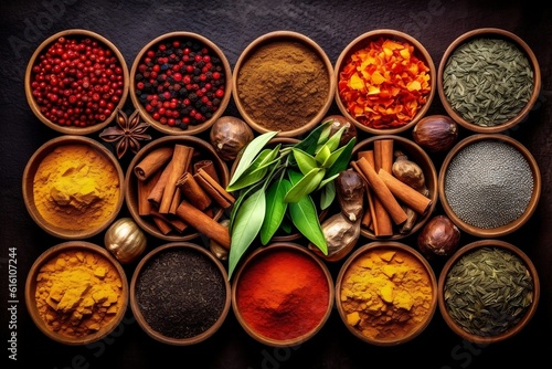 Vibrant Assortment of Spices and Herbs. Generative AI