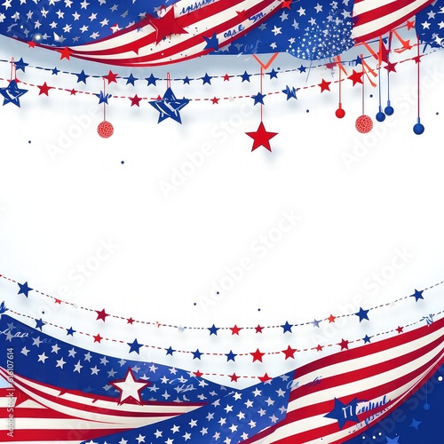 Happy Independence day, 4th July national holiday. Festive greeting card, invitation with bunting flags decoration, barbecue food symbols and stras in USA flag colors. illustration background, photo