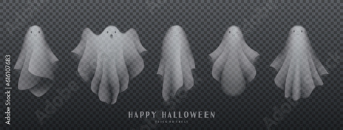 Set of realistic ghosts isolated on checkered background. Collection of transparent ghosts for halloween decoration. Vector illustration of 3d scary poltergeists or phantoms. Set of cute spirits.