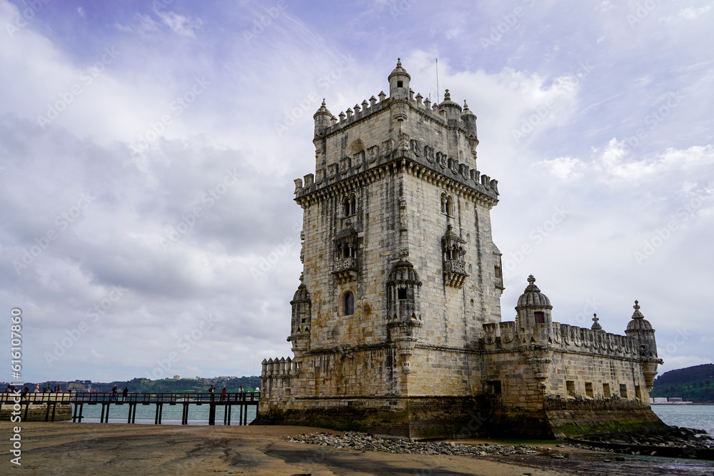 Lisbon, Portugal - March 2023: View of the Torre de Belém. Belem Tower.