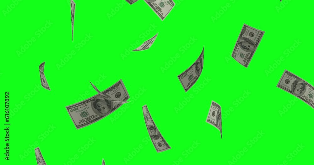 Money rain green screen, flight of 100 dollar bills, falling banknotes, business animation,millionaire, win, success, chroma key.