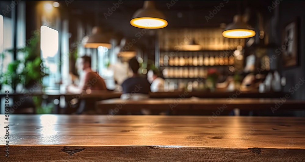 Coffee Delight. Product Showcase. Empty Wooden Table with Blurred Coffeeshop Background