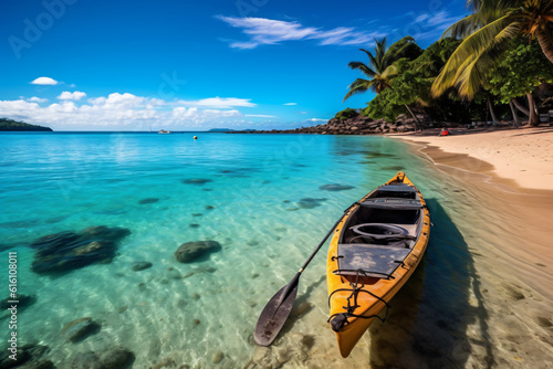 Beautiful paradise beach and sea with kayak boat photography