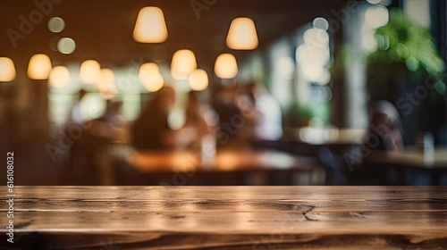 Coffee Delight. Product Showcase. Empty Wooden Table with Blurred Coffeeshop Background