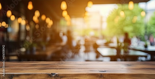 Coffee Delight. Product Showcase. Empty Wooden Table with Blurred Coffeeshop Background