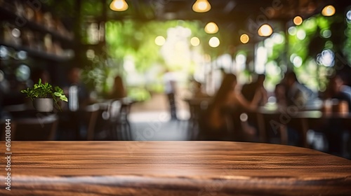 Coffee Delight. Product Showcase. Empty Wooden Table with Blurred Coffeeshop Background