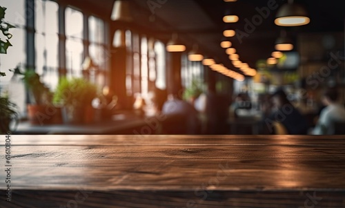 Coffee Delight. Product Showcase. Empty Wooden Table with Blurred Coffeeshop Background