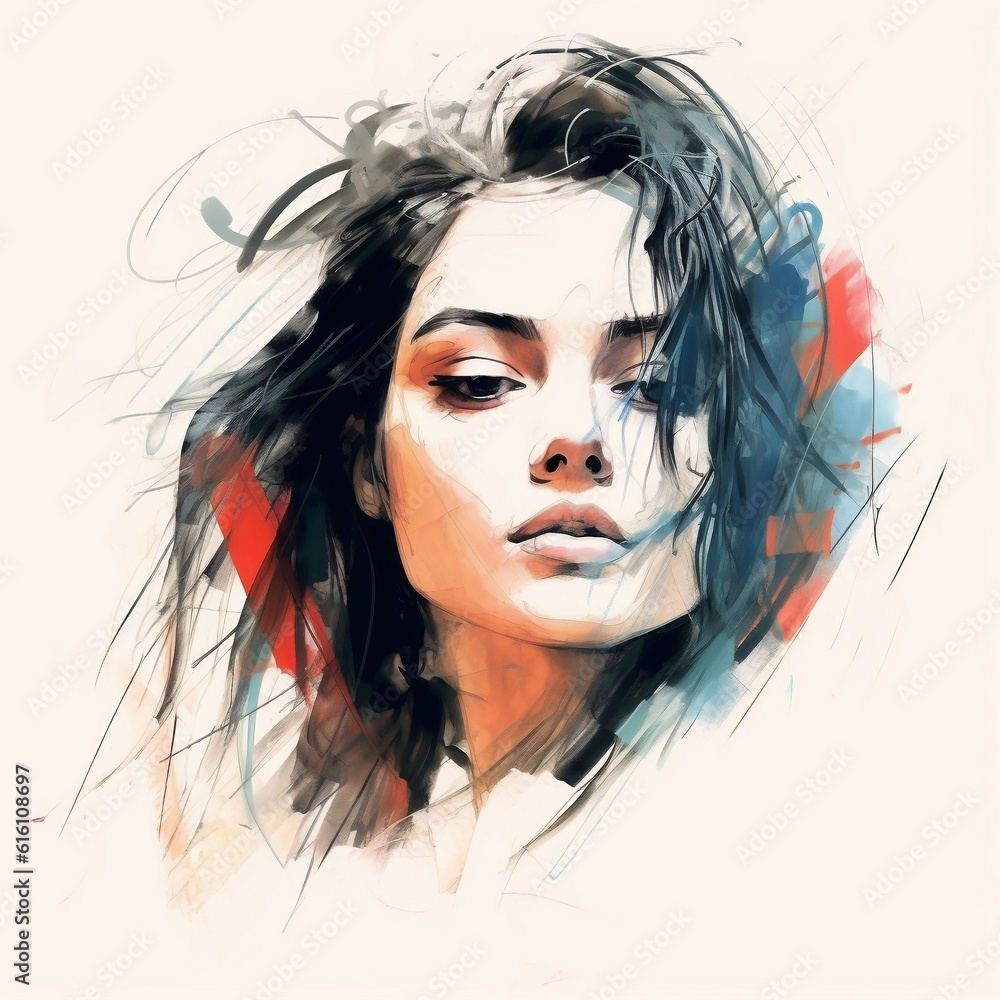 Illustration: expressive portrait of a young beautiful woman. Fashion portrait of girl drawn with watercolors and markers. Generative AI