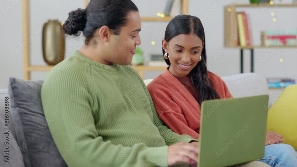 Laptop, sofa and happy couple search online, relax and talking, conversation or planning life together at home. Living room, typing and interracial woman and partner on computer, couch and internet Laptop, sofa and happy couple search online, relax and talking, conversation or planning life together at home. Living room, typing and interracial woman and partner on computer, couch and internet