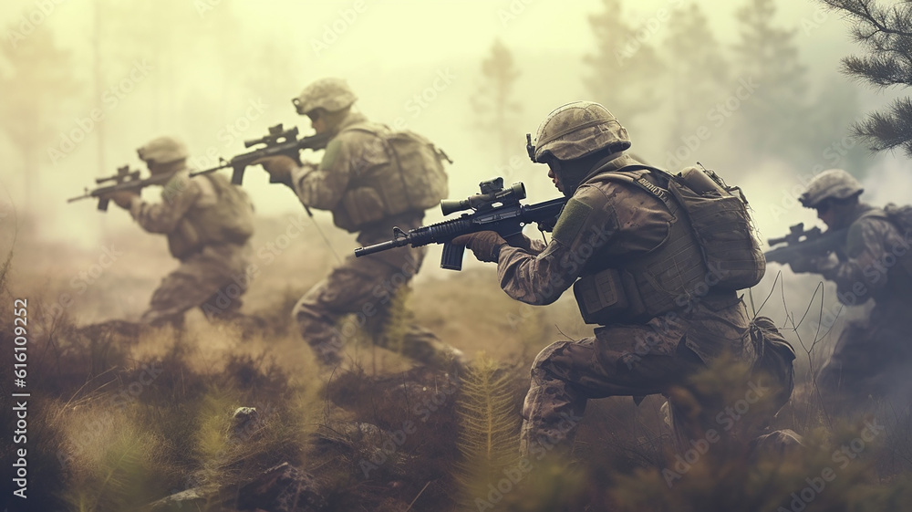 Generative AI a group of armed soldiers marching on a field Generative AI a group of armed soldiers marching on a field
