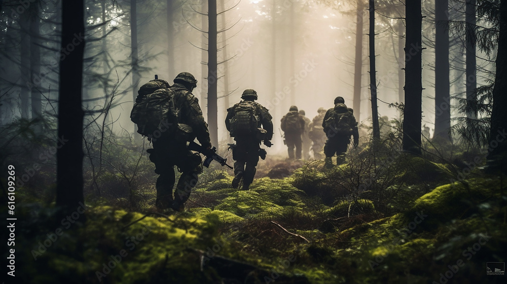 Generative AI a group of armed soldiers marching on a forest