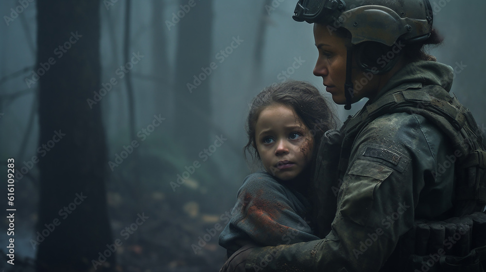Woman soldier and a child during the war Woman soldier and a child during the war