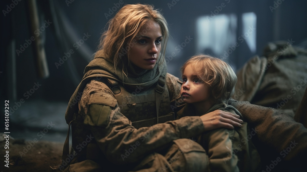 Fototapeta premium Woman soldier and a child during the war