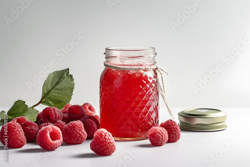 Homemade raspberry preserves or jam in a glass jar surrounded by fresh organic raspberries. AI generated