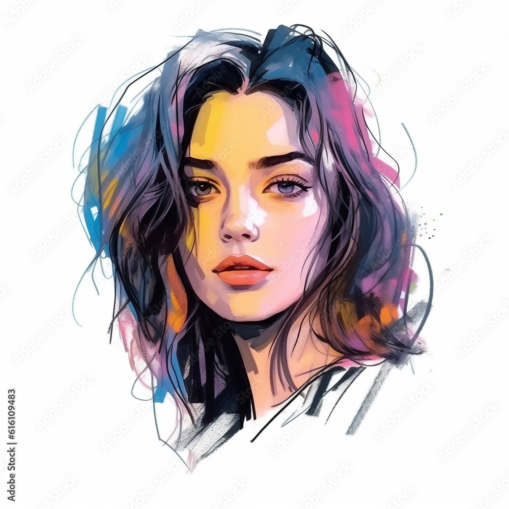 Fototapeta premium Illustration: expressive portrait of a young beautiful woman. Fashion portrait of girl drawn with watercolors and markers. Generative AI
