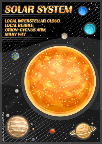 Vector Poster for Solar System, decorative vertical banner with illustration of rotating solar system planets around cartoon sun on starry background, a4 format cosmo leaflet with text solar system