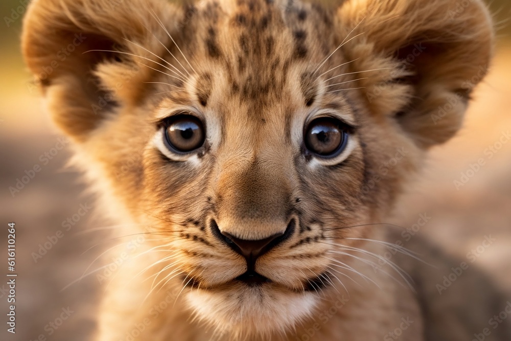 Close Up Portrait of a Baby Lion. Generative AI