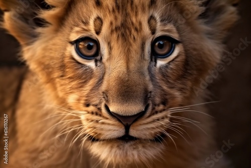 Close Up Portrait of a Baby Lion. Generative AI