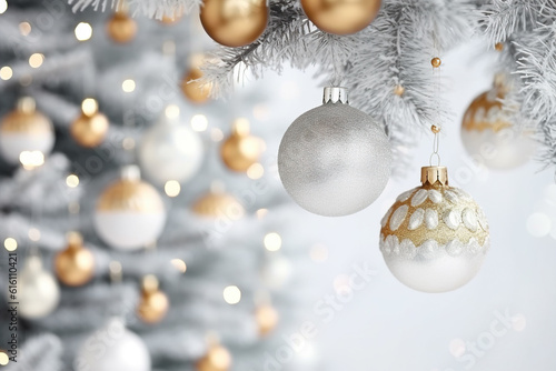 Christmas golden ball with white decor hanging on the Christmas tree with bokeh lights background