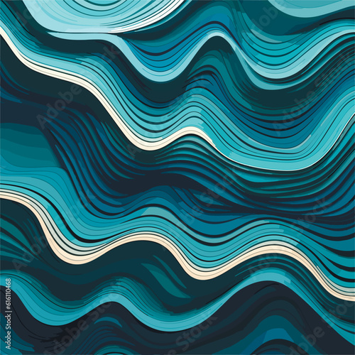 Blue waves abstract background texture. Print, painting, design, fashion. Three dimensional render of blue wavy object. Seamless pattern design for banner, poster, card. Colorful background. Vector 