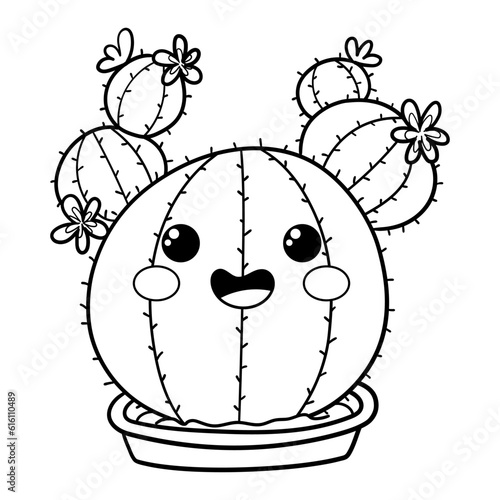 Illustration in black and white of a cute huggable cactus in its  pot, coloring page