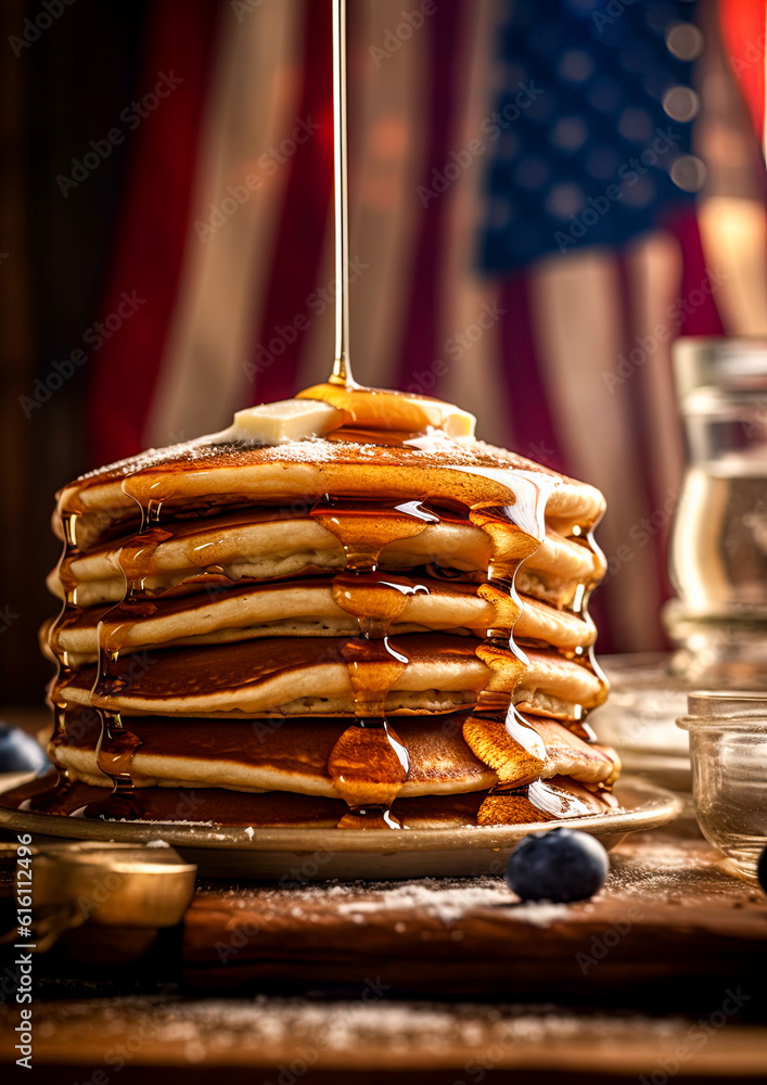 Pancakes stack with oozing maple syrup with american flag in background. Generative Ai image