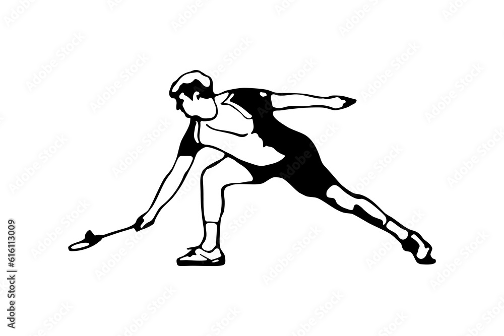 Badminton player. Man performing a net shot. Poster template. Black and white hand-drawn image. Vector illustration on a white background. Badminton player. Man performing a net shot. Poster template. Black and white hand-drawn image. Vector illustration on a white background.