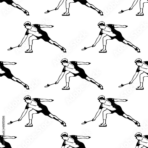 Badminton player. Man performing a net shot. Seamless pattern. Black and white sports collection. Vector illustration on a white background