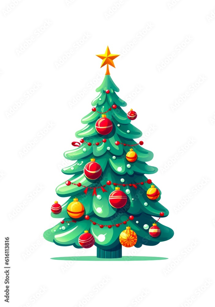 Cartoon illustration of a christmas tree with decorations on white background. Generative AI. Cartoon illustration of a christmas tree with decorations on white background. Generative AI.