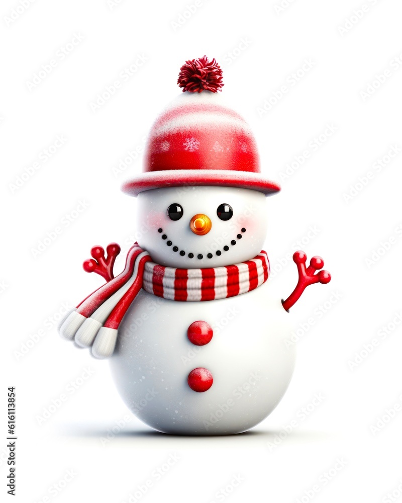 Cute snowman with red hat and scarf on white background in cartoon style. Generative AI.