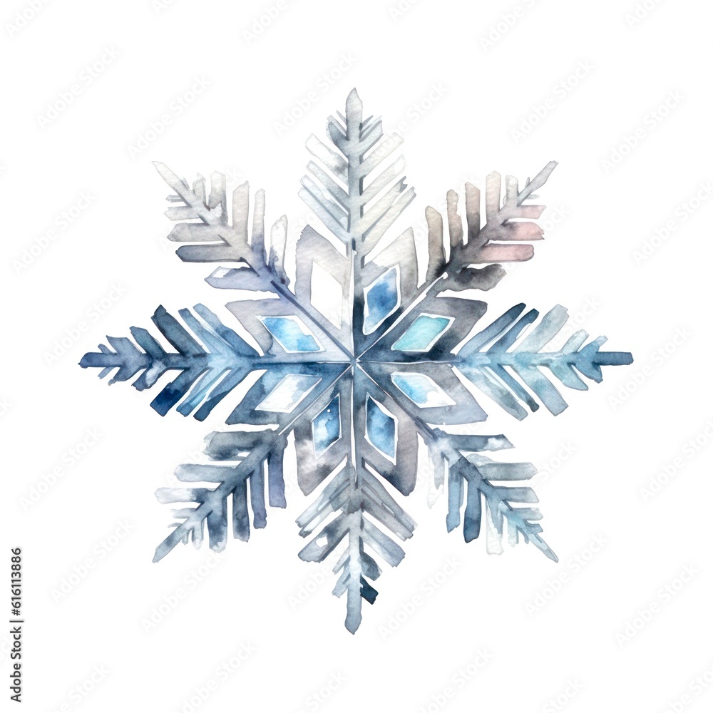 Blue snowflake on white background in watercolor style. Generative AI. Blue snowflake on white background in watercolor style. Generative AI.