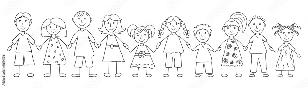 Group of happy kids holding hands, hand drawn style. Children's drawing. Vector illustration Group of happy kids holding hands, hand drawn style. Children's drawing. Vector illustration