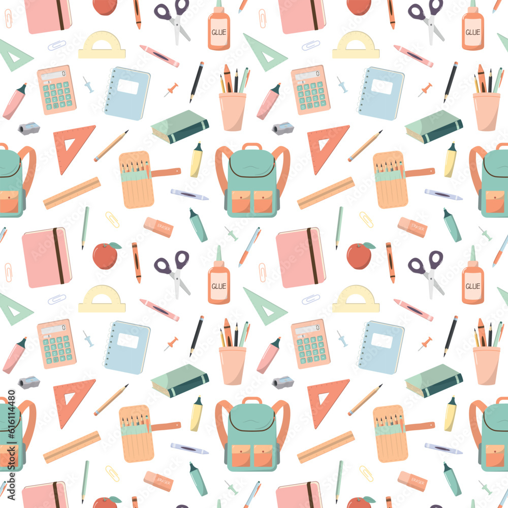 School seamless pattern with cartoon school supplies, stationary. Graphic for wrapping paper, scrapbooking, stationary, wallpaper, kids textile. Back to school theme. Isolated on white background.