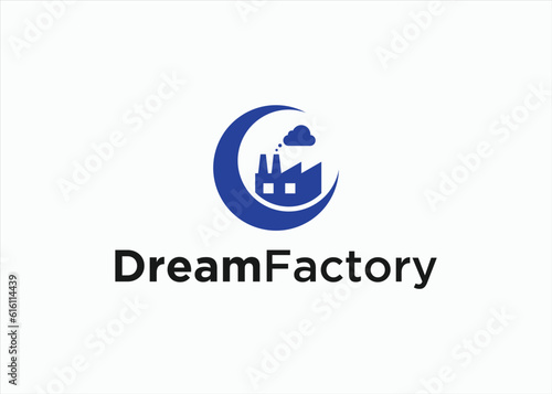 moon with factory logo design vector silhouette illustration