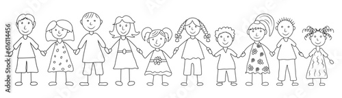 Group of happy kids holding hands, hand drawn style. Children's drawing. Vector illustration
