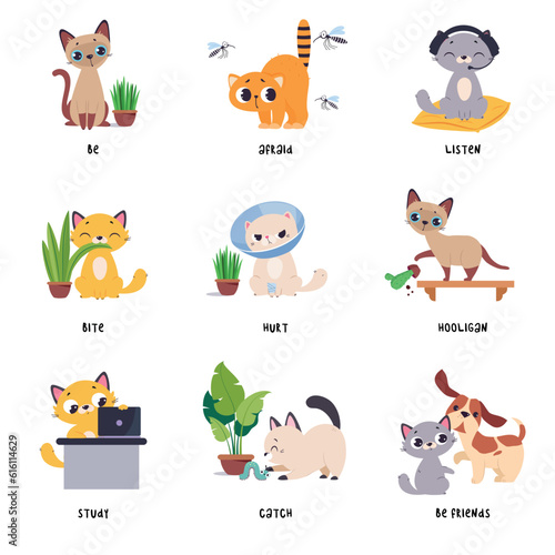 Funny Cat in Different Action as English Verb for Educational Activity Vector Illustration Set