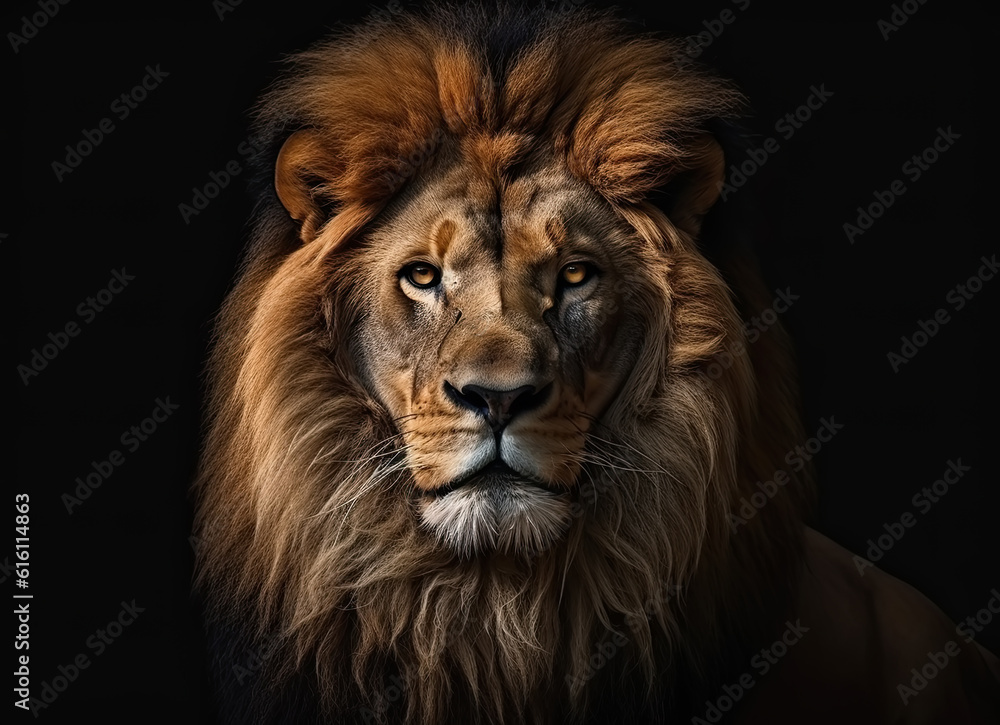 Portrait of a sitting lion on a dark background. Generative AI Illustration