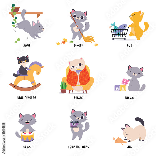 Funny Cat in Different Action as English Verb for Educational Activity Vector Illustration Set photo