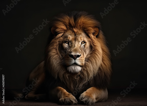  Beautiful Portrait of a sitting lion    looking at camera   a dark background. 