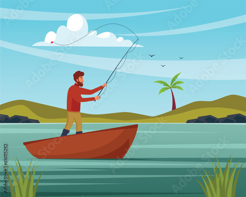 vector fisherman in boat catching fish in lake