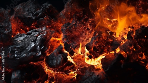 Close-up of embers from fire against black background Generative AI © Suleyman