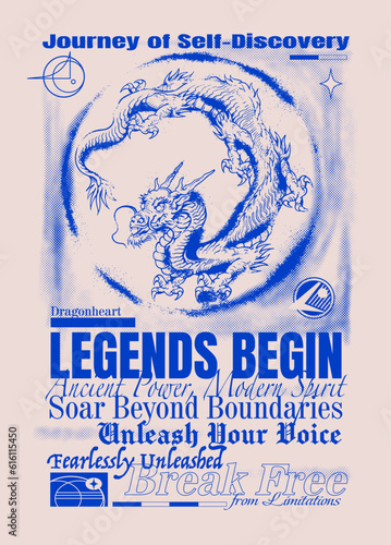 A grunge dragon illustration embellished with slogans and wordings, capturing the essence of vintage 80s style