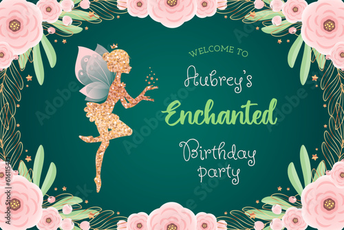 Cute fairy backdrop for a birthday party. Beautiful poster with a golden pixie silhouettes and a floral frame on a teal background. Vector illustration 10 EPS.