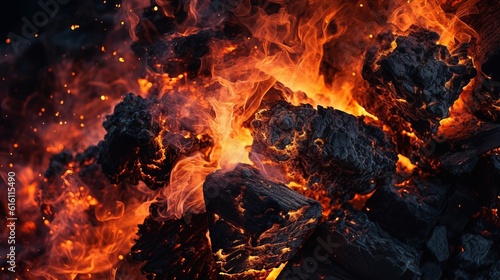 Close-up of embers from fire against black background Generative AI